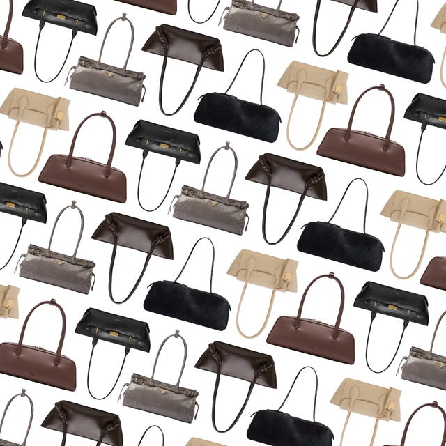 Collection of various handbags arranged in a patterned layout