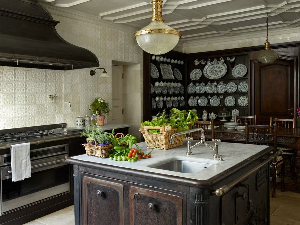 Modern kitchen with a central island and decorative shelving