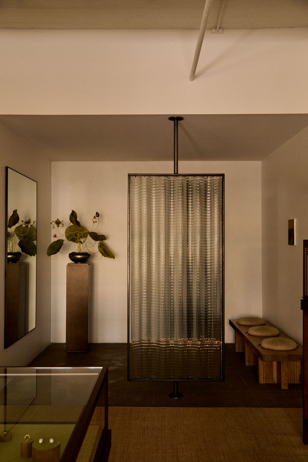 Interior space featuring a glass divider and minimalist decor.
