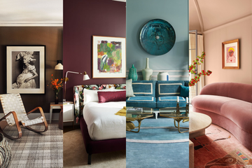 Collage of four distinct interior designs showcasing different styles and color palettes