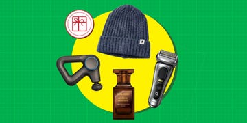 a collection of mens grooming and fashion items presented on a green grid background