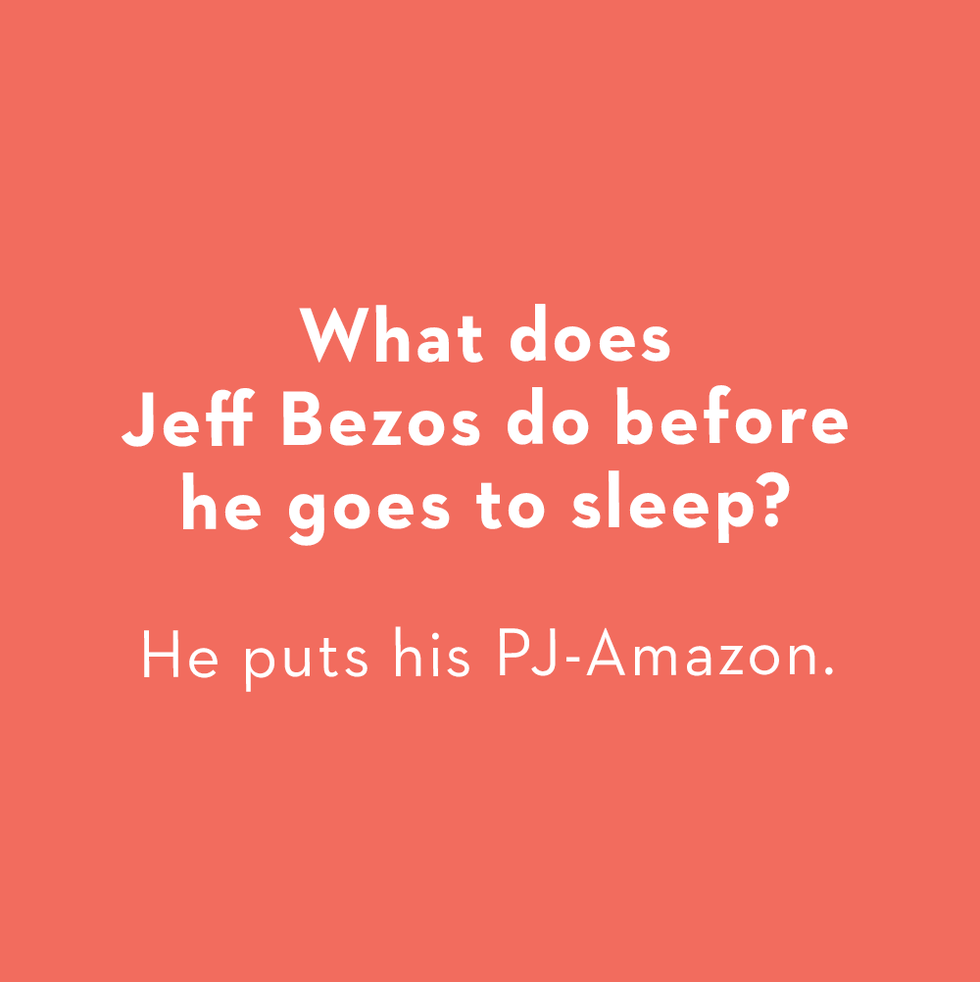 a card that says what does jeff bezos do before he goes to bed, he puts his pjamazon