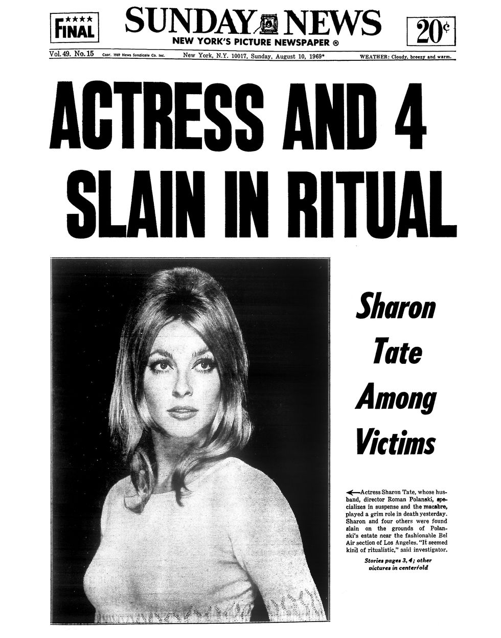 Daily News Front Page - Sharon Tate