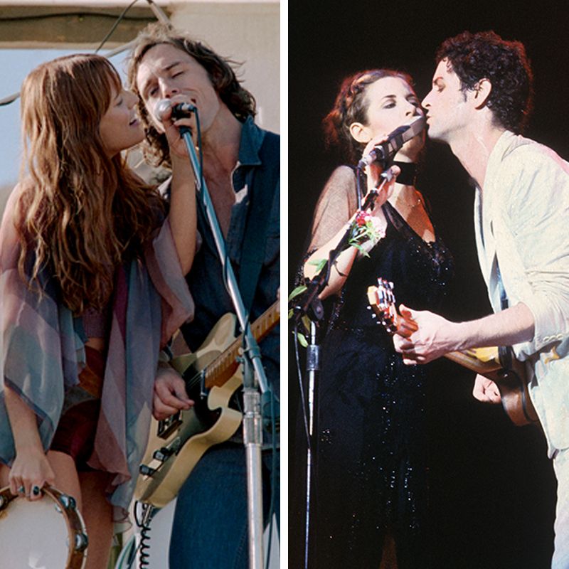 still of daisy and billy singing onstage next to image of lindsey and stevie singing