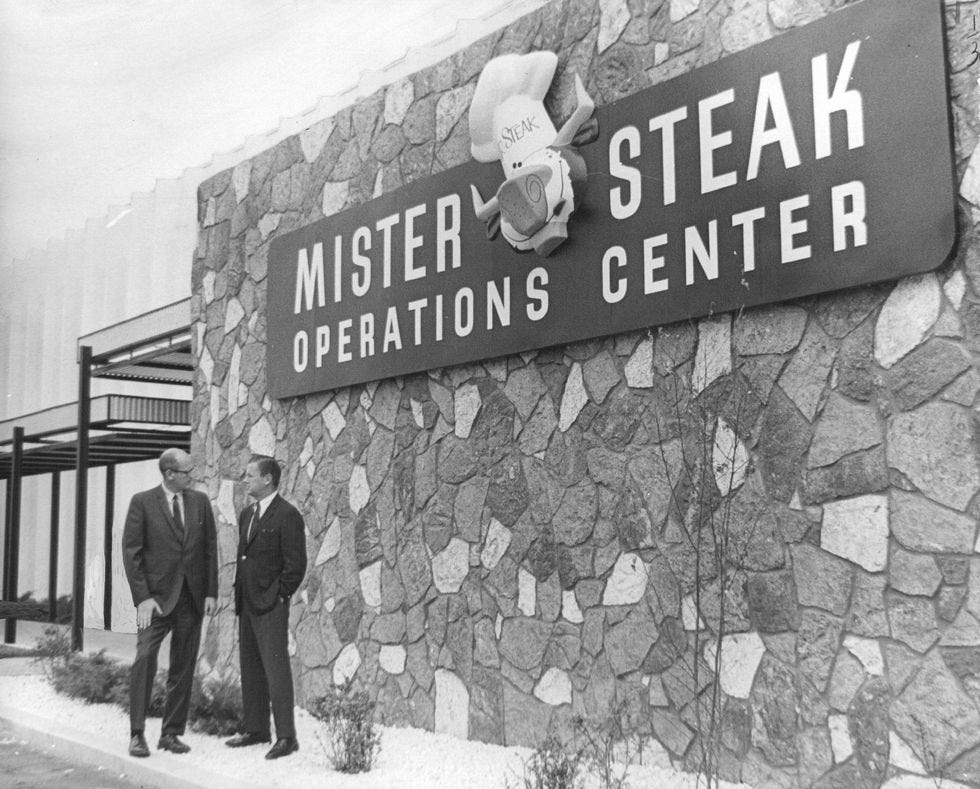 SEP 17 1969, SEP 22 1969; Dale Thompson, left, vice president of national marketing and leasing for Mr. Steak is shown with John O'Dea, president of Denver Union Stock Yard Co., at new food center building.;
