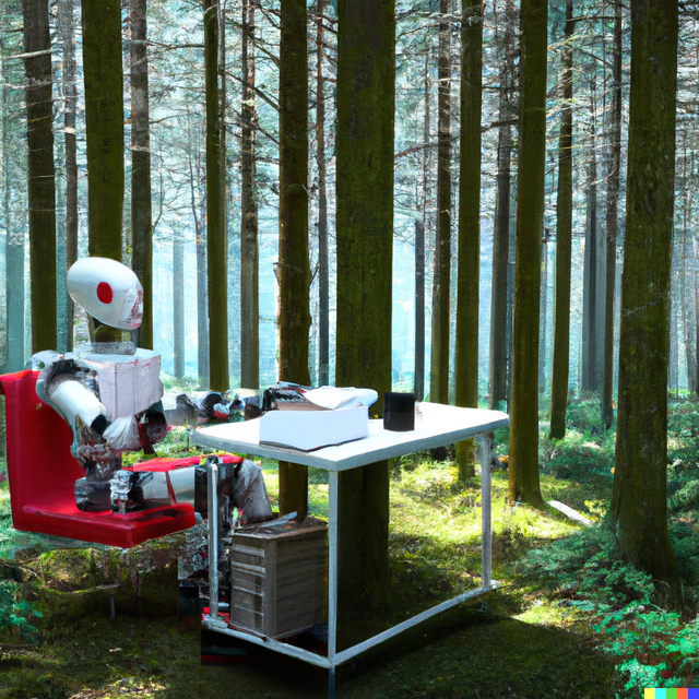 un robot che lavora a una scrivania in mezzo al bosco