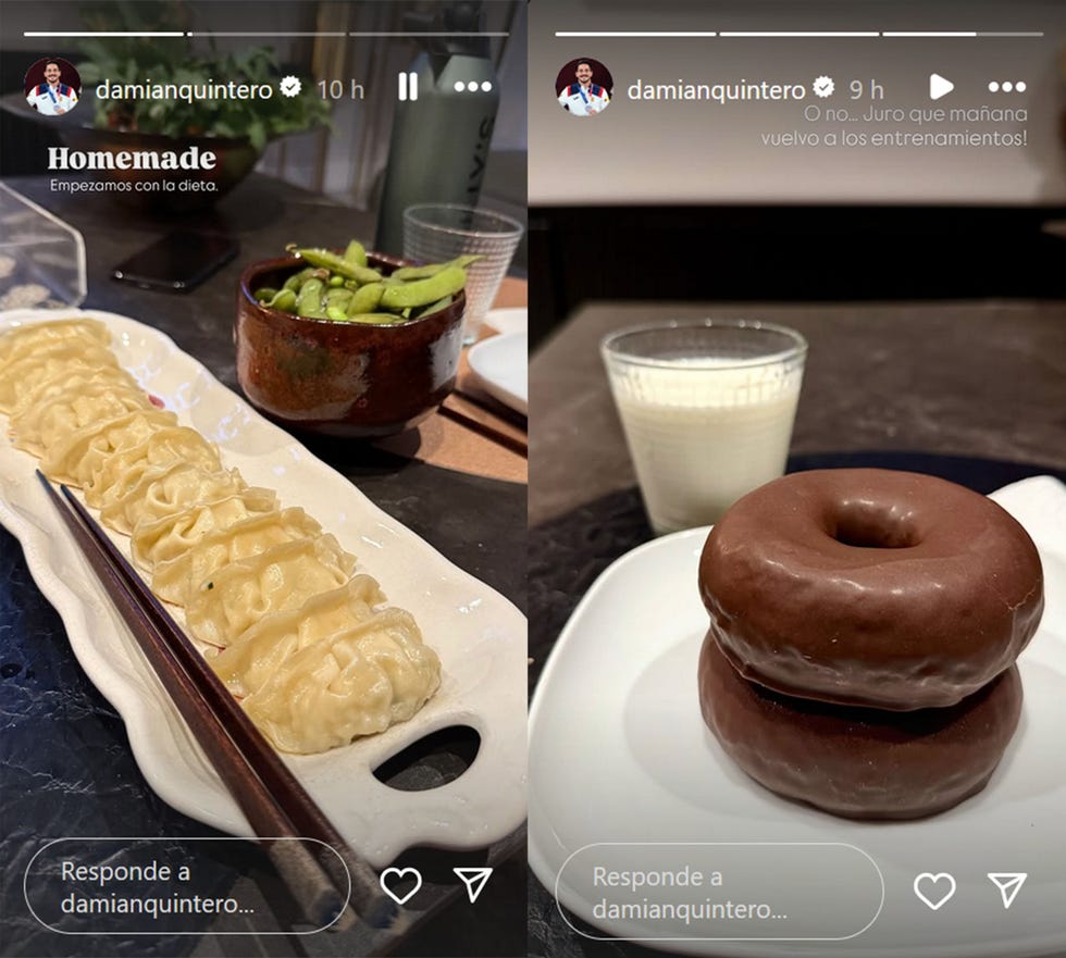 damian quintero muestra un plato de gyozas, edamame, dos donuts de chocolate y un vaso de leche