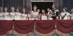 queen elizabeth ii and the duke of edinburgh wave at the crowds from the balcony of buckingham palace in london, after elizabeths coronation, 2nd june 1953 with them are their children prince charles and princess anne, and the queen mother 1900   2002, right on the left are the maids of honour left to right lady moyra hamilton later campbell, lady jane heathcote drummond willoughby, lady anne coke, later lady glenconner, lady mary baillie hamilton and lady jane vane tempest stewart photo by fox photoshulton archivegetty images