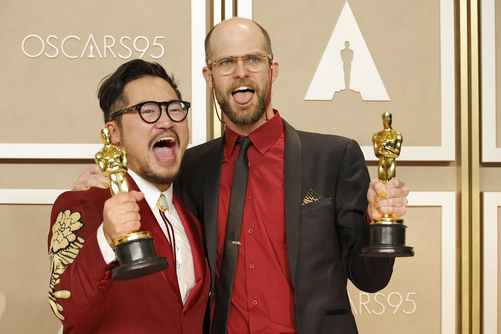 dan kwan and daniel scheinert, winners of the best director and best picture award for "everything everywhere all at once," pose in the press room during the 95th annual academy awards on march 12, 2023 in hollywood, california