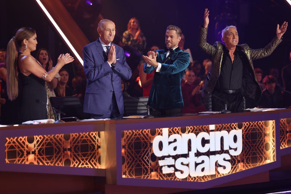 carrie ann inaba, len goodman, bruno tonioli and derek hough clap as len announces his retirement on 'dancing with the stars'
