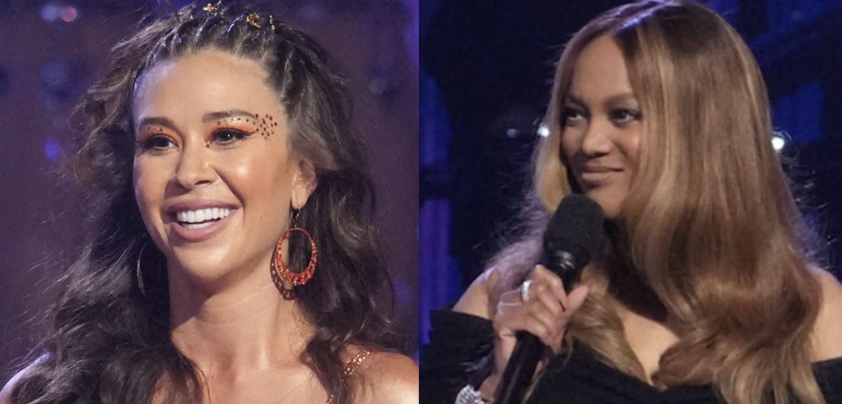 'dancing with the stars' 2022 judge tyra banks walks in front of judges during gabby's scores