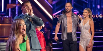 dwts judges carrie ann inaba derek hough and bruno tonioli at the judging table and danny amendola witney carson on the dance floor