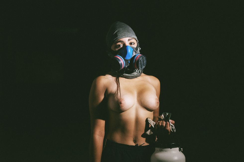 Personal protective equipment, Blue, Skin, Mask, Headgear, Photography, Muscle, Gas mask, Barechested, Photo shoot, 