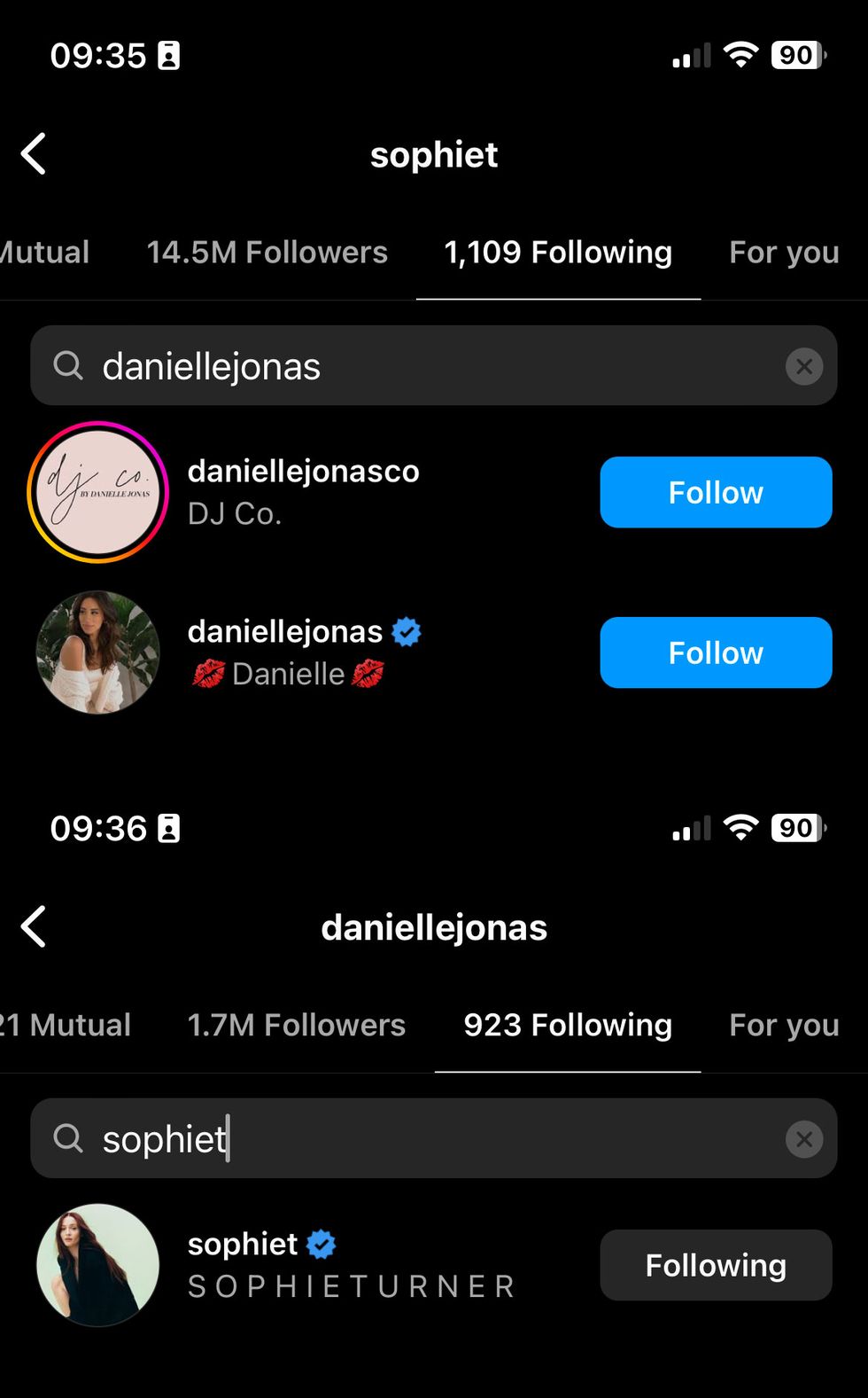 danielle jonas and sophie turner still following each other as of october 13 at 930 am
