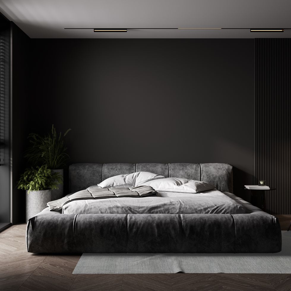 dark black contemporary luxury modern bedroom with plant and a modern carpet, 3d render