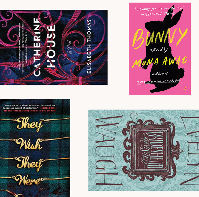 best dark academia books roundup, including cover images for bunny by mona awad, they wish they were us by jessica goodman, brideshead revisited by evelyn waugh, and catherine house by elisabeth thomas