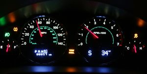 dashboard view of colorful gauges on a automobile