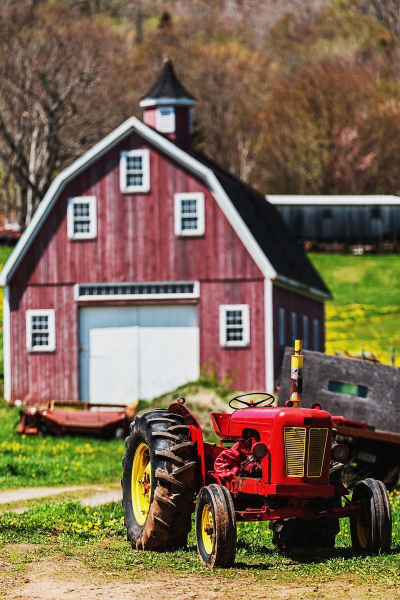 red tractor in front of barn
