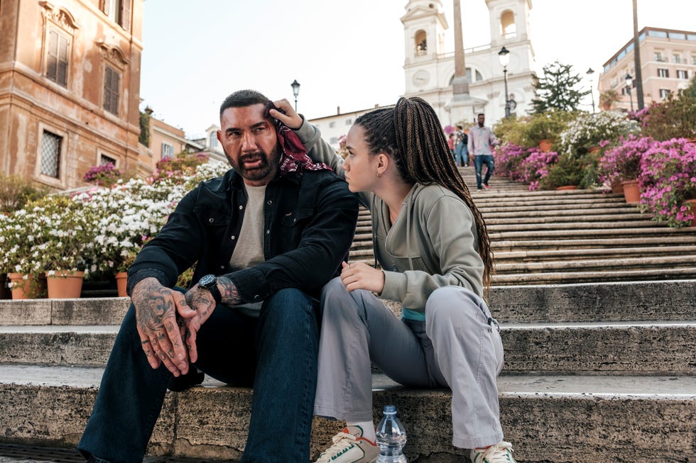 dave bautista as jj, chloe coleman as sophie, my spy 2 the eternal city