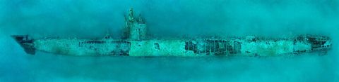 Een Duitse onderzeer van het type U352 ligt op de bodem van de Atlantische Oceaan voor Morehead City in de Amerikaanse staat North Carolina De duikboot werd op 9 mei 1942 met dieptebommen tot zinken gebracht door het schip Icarus van de Amerikaanse Coast Guard Het wrak werd pas in 1975 teruggevonden Dit beeld is opgebouwd uit 33 opnamen