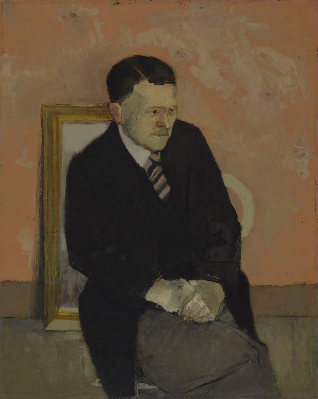 A seated figure in formal attire with a painting in the background