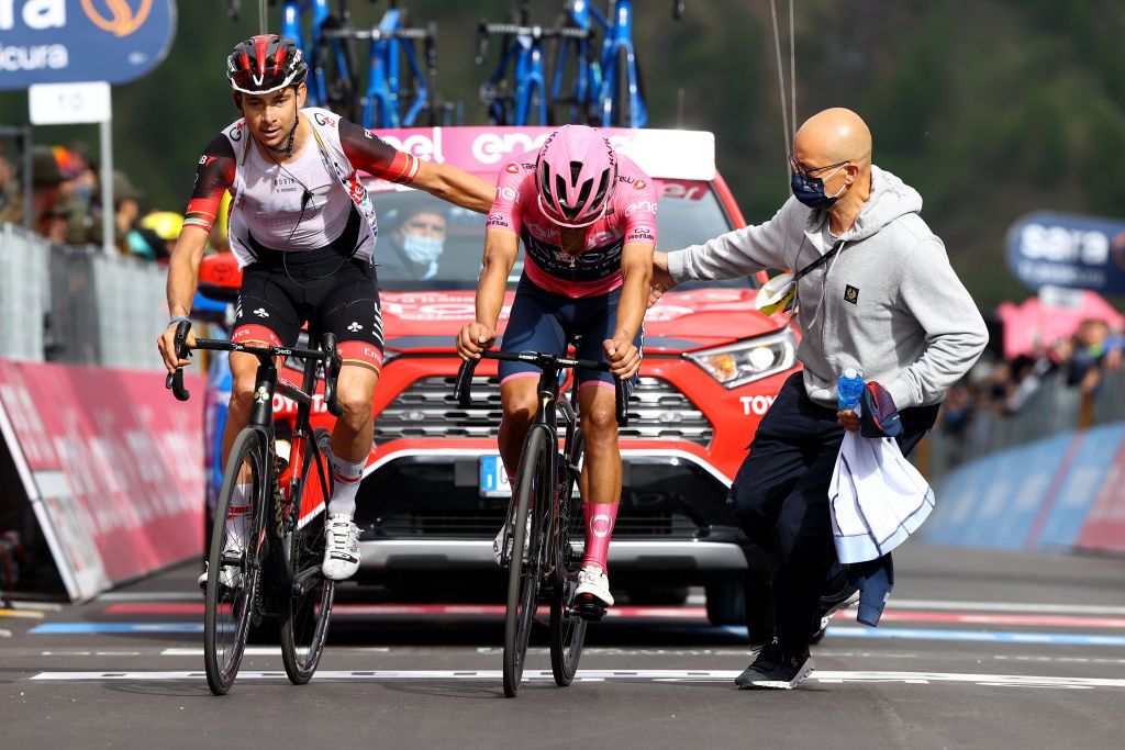 Davide Formolo of UAE Team Emirates and Richard Carapaz Team INEOS Grenadiers cross the finish line during the 20th Stage.