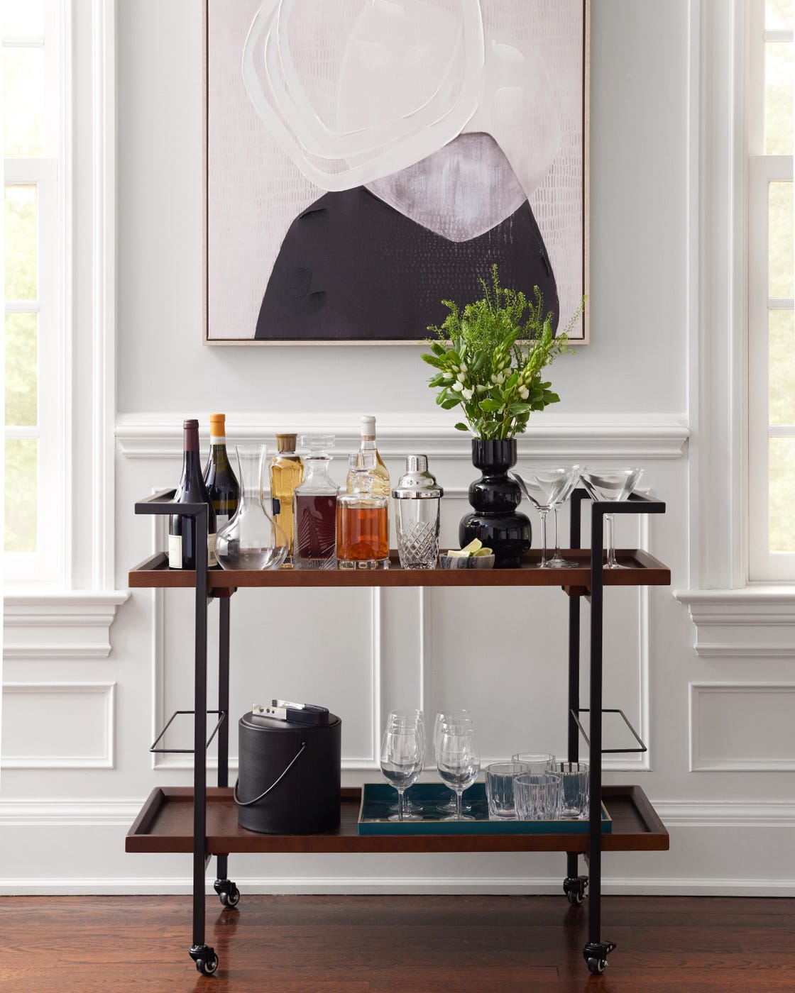 a table with glasses and bottles on it