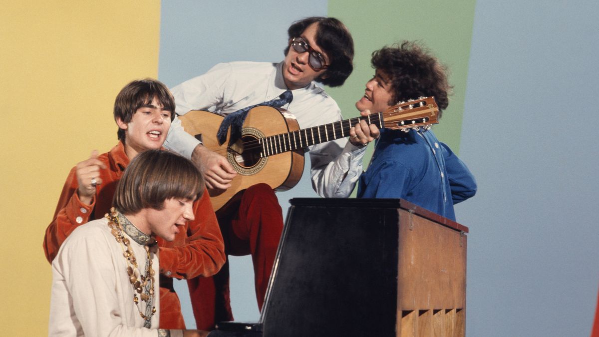 Davy Jones, Micky Dolenz, Peter Tork and Mike Nesmith on the set of the television show The Monkees in August 1967 in Los Angeles, California.