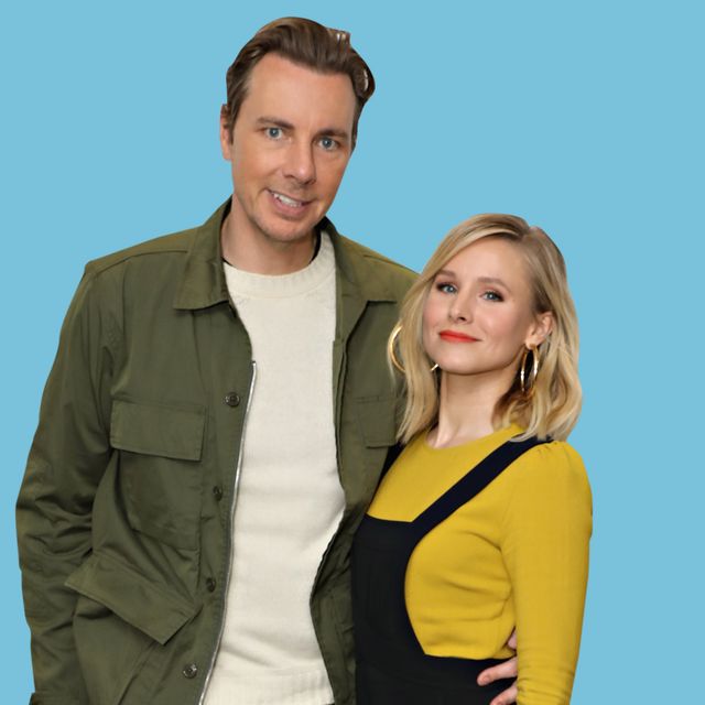 Dax Shepherd and Kirsten Bell with blue background