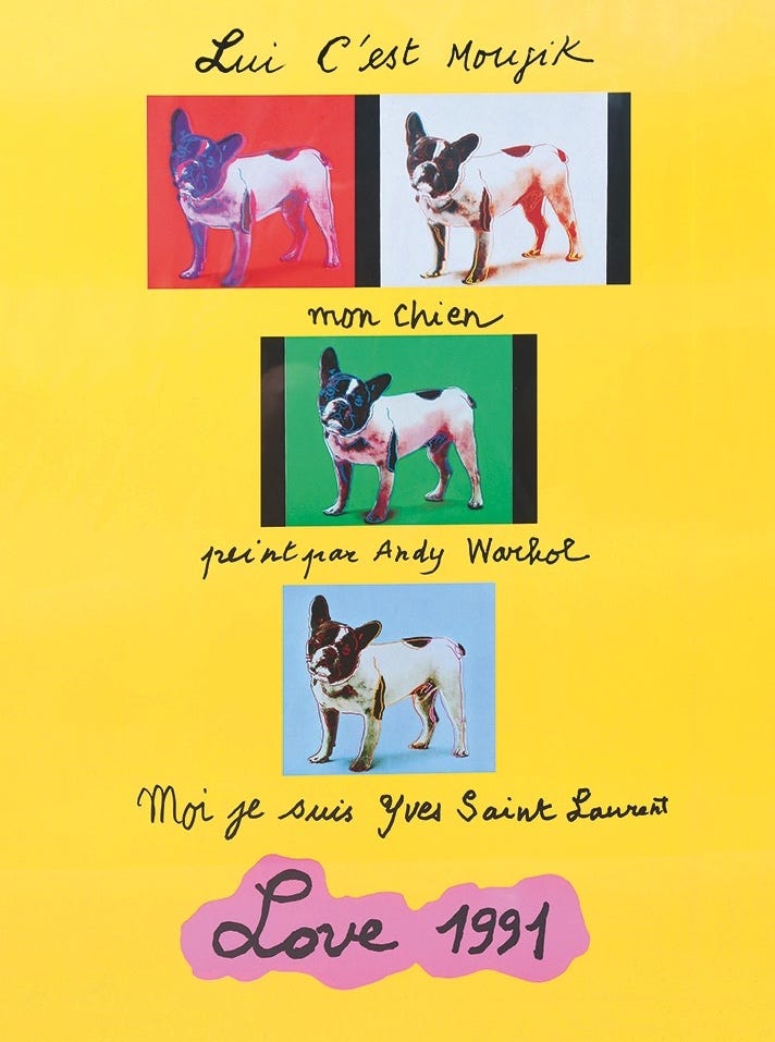 Artwork featuring multiple images of a dog with text referencing the artist and designer