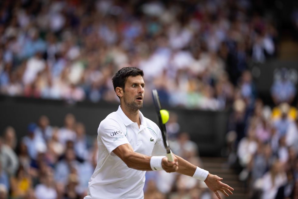london, england july 11 novak djokovic of serbia in action during the men's singles final against matteo berrettini of italy at the wimbledon lawn tennis championship at the all england lawn and tennis club at wimbledon on july 11, 2021 in london, england photo by simon brutyanychancegetty images