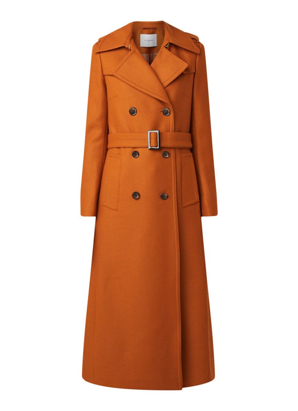 Clothing, Coat, Trench coat, Overcoat, Outerwear, Orange, Sleeve, Duster, Button, Collar, 