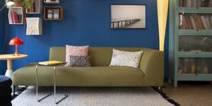 Furniture, Couch, Room, Living room, Interior design, Sofa bed, Blue, Green, Yellow, studio couch, 