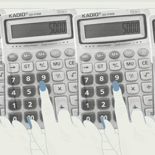 een tekening van een hand op een rekenmachine voor elle's rubriek de rekening