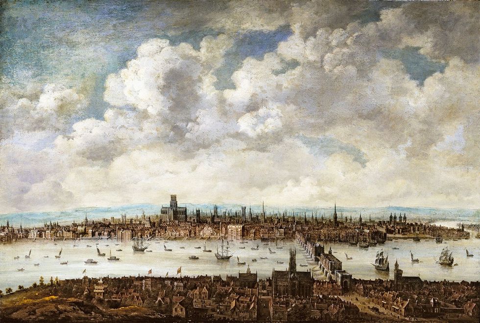 Londen halverwege de 17de eeuw met de London Bridge in het midden en de Tower rechts
