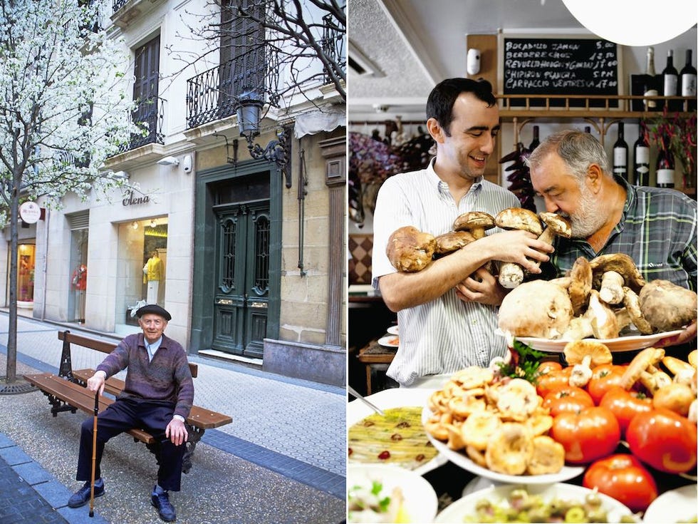 Nog veel oudere mannen dragen de typische Baskische baret links Foto Michelle ChaplowalamyIn San Sebastian hebben de cafs en restaurants van de Spaanse tapas culinaire hoogstandjes gemaakt de pintxos Elke pintxosbar heeft zijn eigen specialiteit Zo maken eigenaar Jose Ignacio Martinez rechts op rechterfoto van pintxosbar La Ganbara en zijn kinderen de verrukkelijkste creaties van paddenstoelen Foto Matteo Carassalesimehh