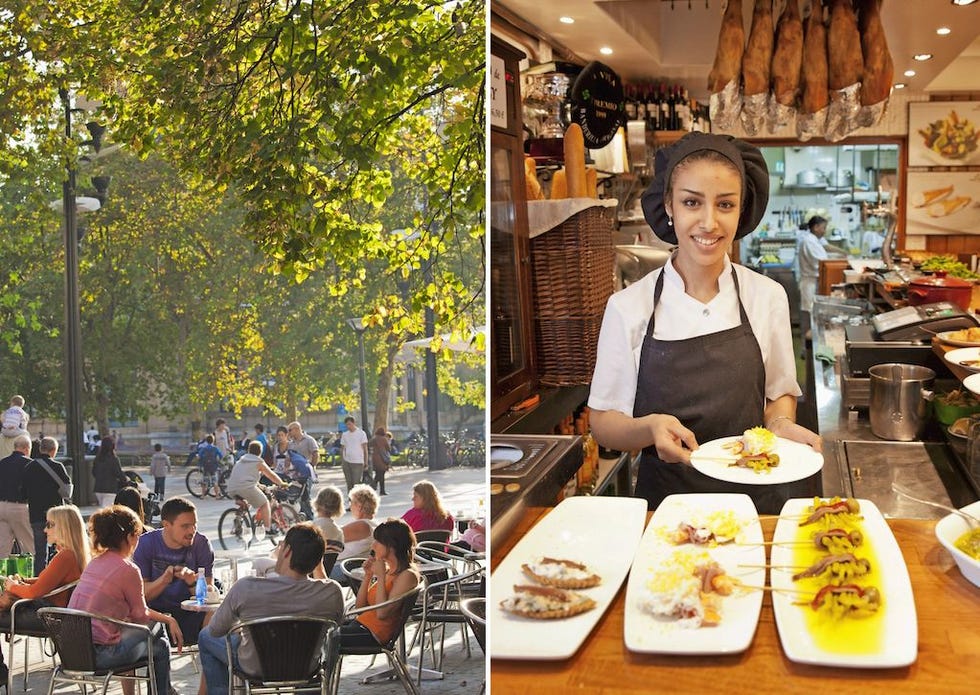 De terrassen in de stad zitten altijd vol links Foto Walter Bibikowgetty Met verleidelijk uitgestalde pintxos proberen de cafs en restaurants gasten te lokken rechts Foto Gunnar Knechtellaifhh