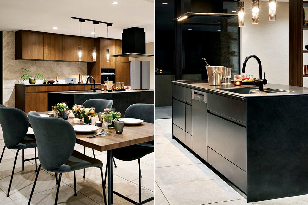 a kitchen with a table and chairs