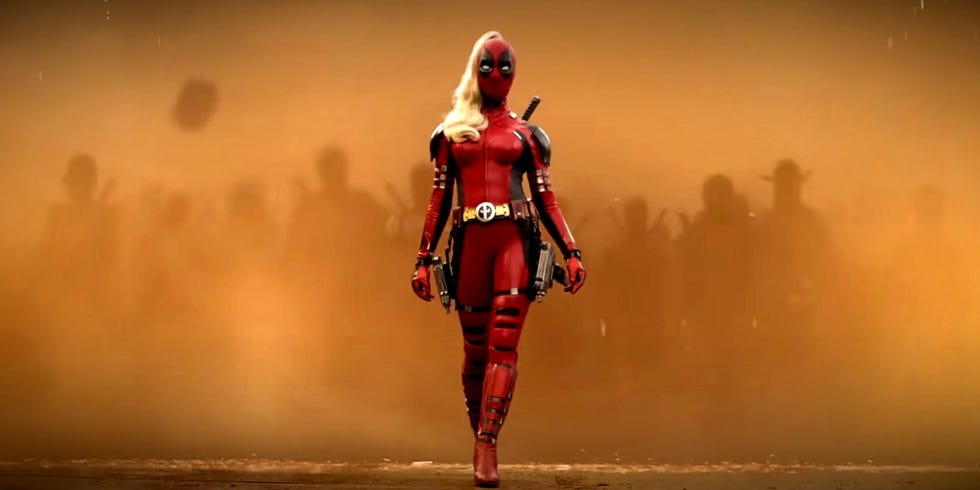 ladypool leads a group of variant deadpools through a sandy haze