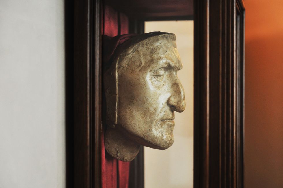 Dante's death mask is displayed at Palazzo Vecchio on June 8, 2013 in Florence, Italy. The latest book by the American writer Dan Brown is set largely in Florence historic centre and the plot is based on Dante's Divina Commedia ('Divine Comedy') and its Inferno. In the novel there are many references to his city and to his work. (Photo by Laura Lezza/Getty Images)