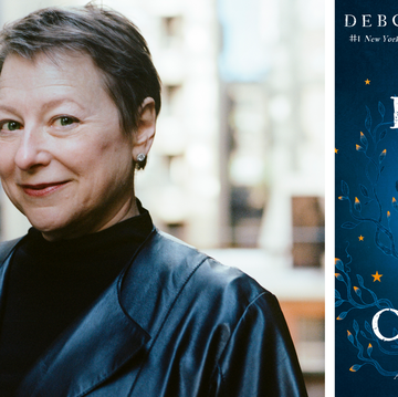 deborah harkness smiling at the camera next to an image of the cover of the black bird oracle