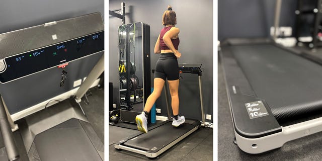 a woman running on a treadmill in a home gym