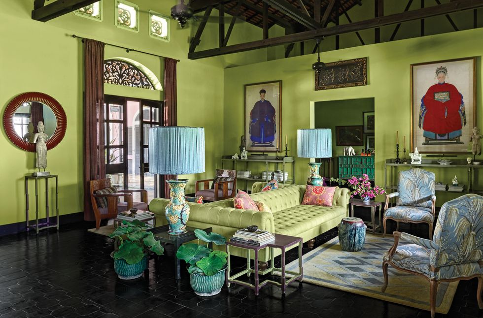 Green, Room, Interior design, Building, Furniture, Table, House, Architecture, Ceiling, Dining room, 