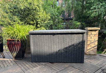 outdoor storage box surrounded by greenery