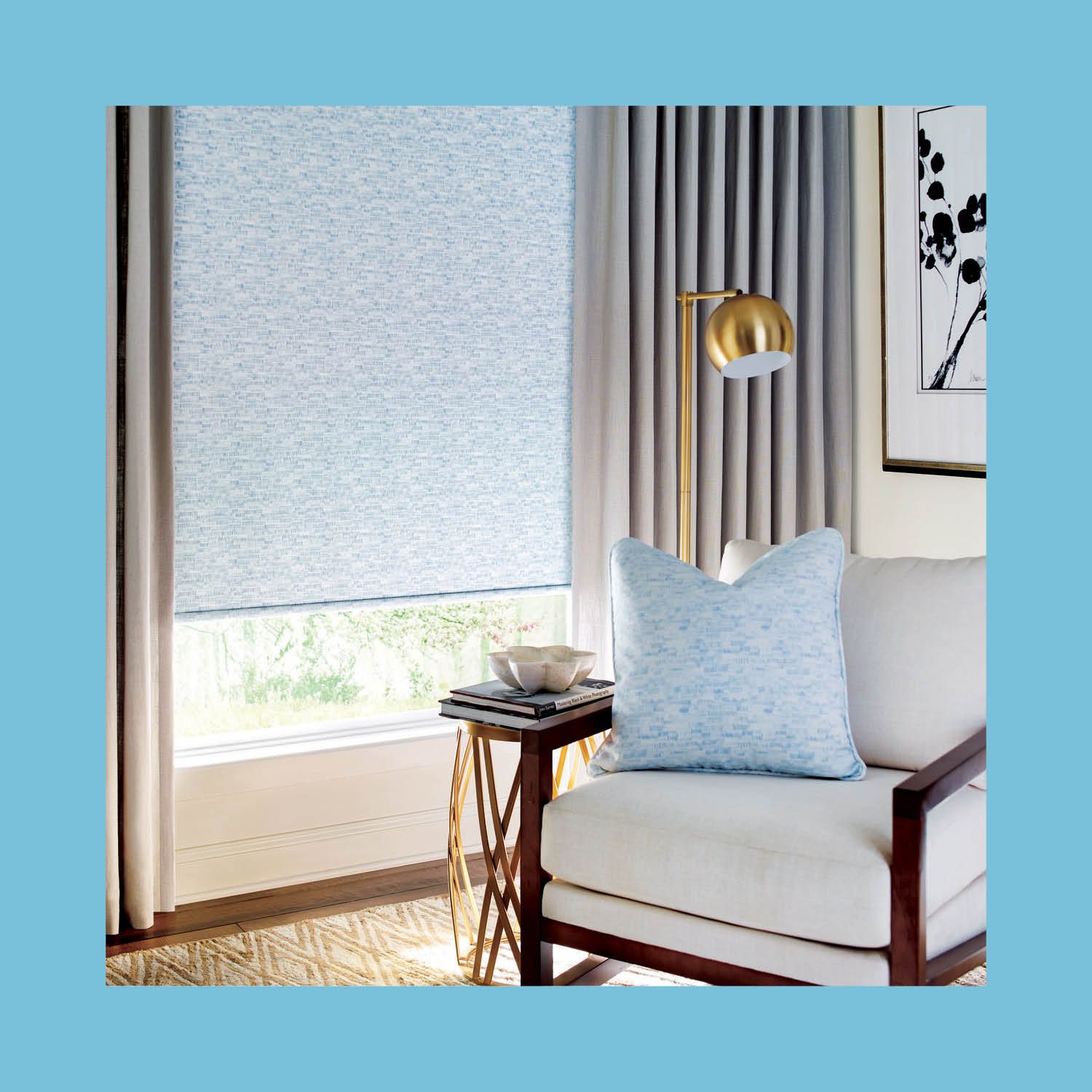 Blue, Curtain, Room, Turquoise, Product, Aqua, Interior design, Yellow, Window covering, Furniture, 