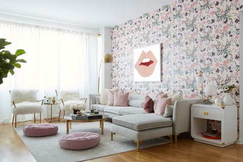 Living room, Room, Furniture, Interior design, Pink, Wallpaper, Property, Wall, Floor, Couch, 