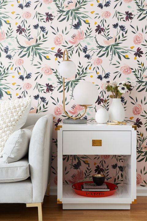 Wallpaper, Room, Nightstand, Wall, Furniture, Interior design, Drawer, Chest of drawers, Interior design, Plant, 