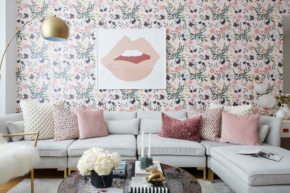 Wallpaper, Living room, Pink, Room, Wall, Interior design, Furniture, Pattern, Design, Interior design, 