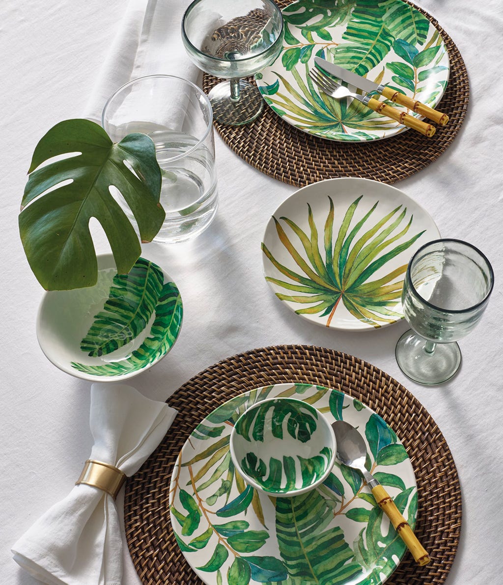 Green, Leaf, Houseplant, Dishware, Plate, Table, Plant, Tableware, Tablecloth, Linens, 