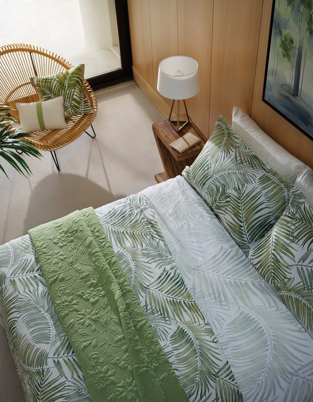 Green, Room, Property, Bedding, Bed sheet, Bedroom, Furniture, Textile, Pillow, Interior design, 
